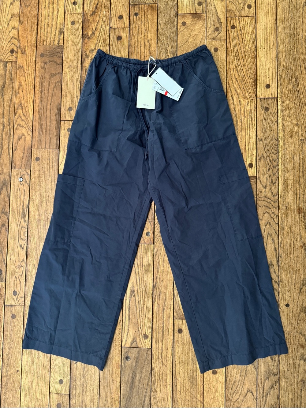 DONNI Cotton Poplin The Pop Drawstring Cargo Pants in Navy, NWT - XS - Picture 1 of 4